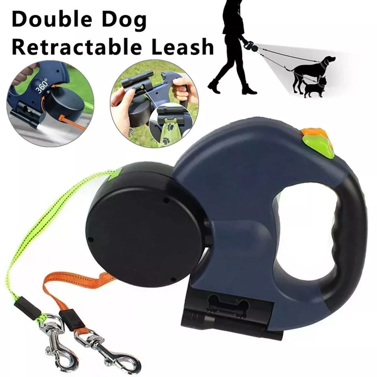 Dual Pet Leash Retractable Reflective Lead 360 Swivel Double Dog Walking Leash