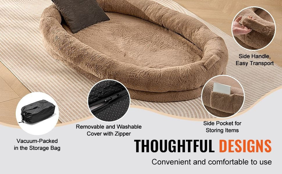 Large Human Dog Bed with Washable Faux Rabbit Fur
