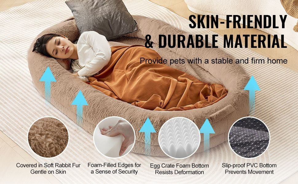 Large Human Dog Bed with Washable Faux Rabbit Fur